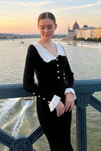 Peter Pan Collar Ribbed Knit Pearl Button Ruffle Cuff Midi Dress