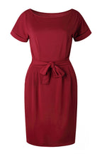 Boat Neck Short Sleeve Belted Bow Waist Pencil Midi Dress