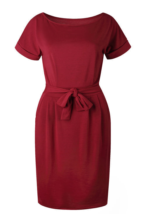 Boat Neck Short Sleeve Belted Bow Waist Pencil Midi Dress