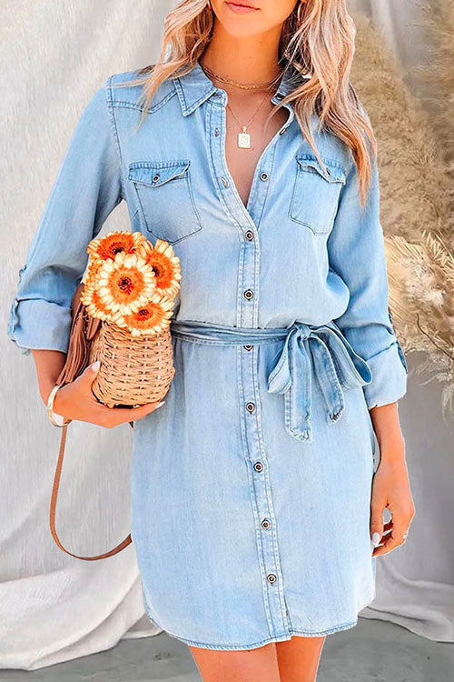 Rolled Up Long Sleeves Tie Waist Denim Shirt Dress