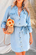 Rolled Up Long Sleeves Tie Waist Denim Shirt Dress