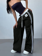 Striped Color Blocking Elastic Waistband Lace Up Pants