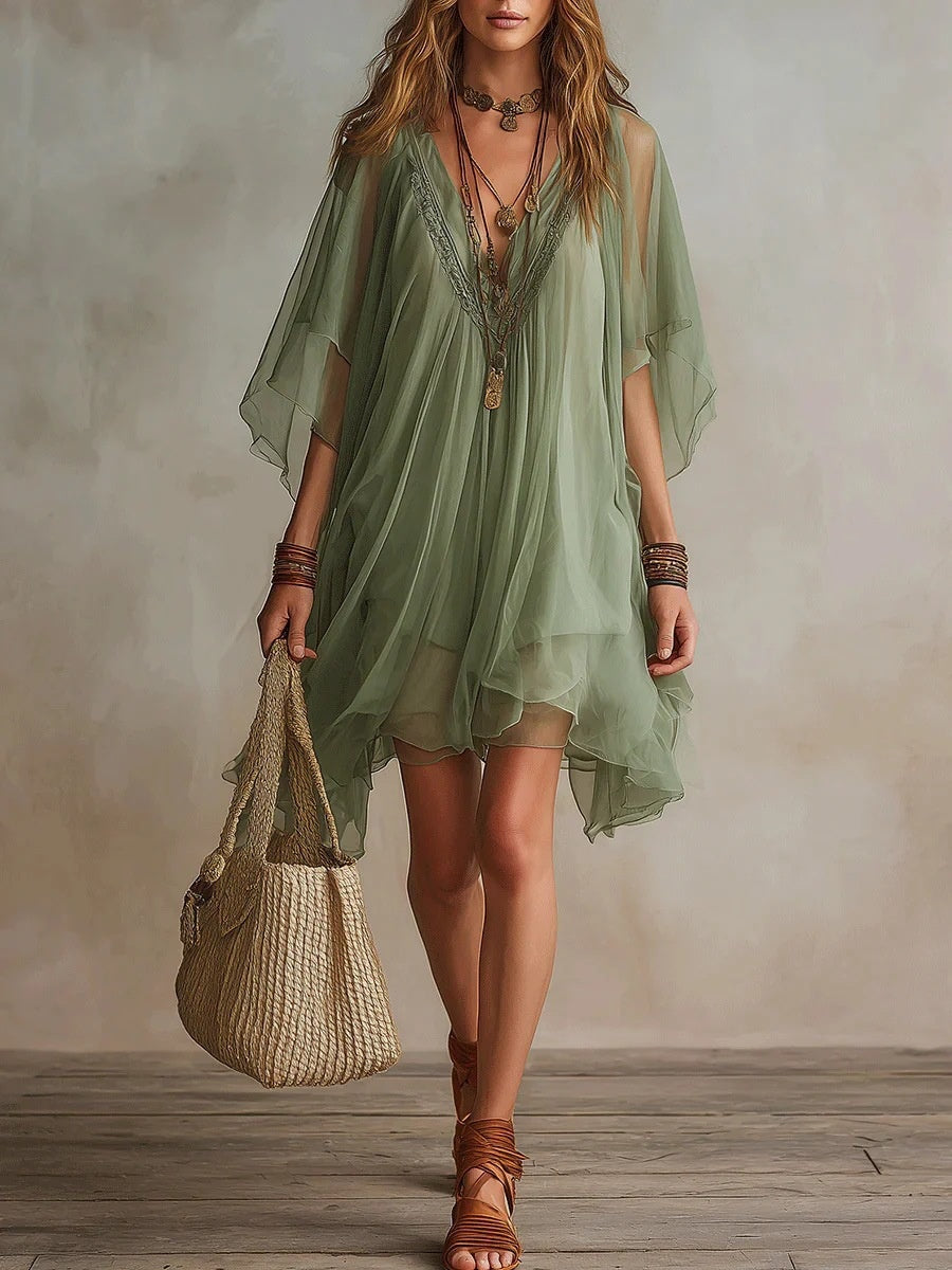 V-neck Chiffon Loose-fit Beach Cover-up Dress Mini&Short Dresses