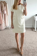 Elegant Crewneck Short Sleeves Buttons Tweed Dress
