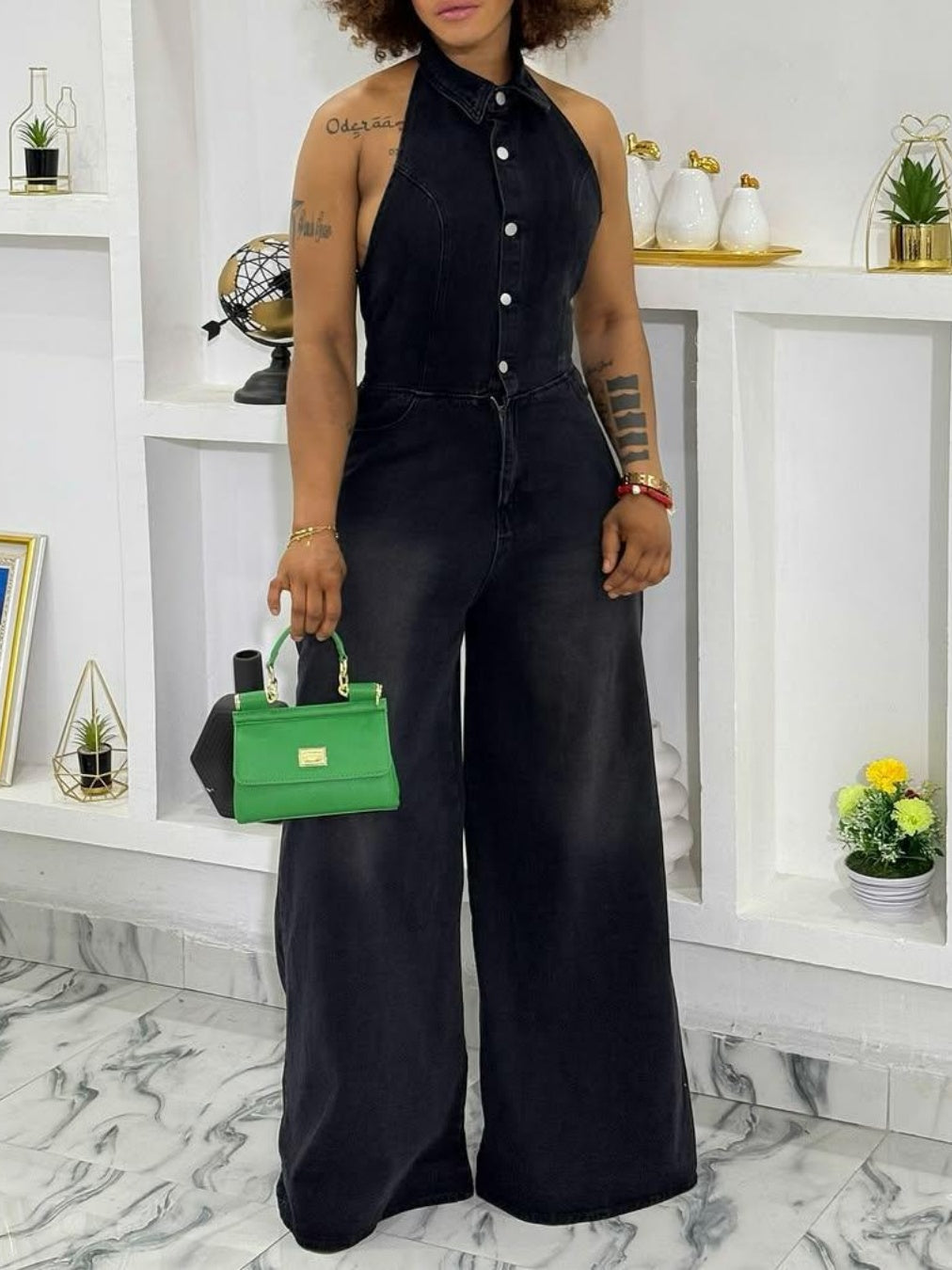 Collared Halter Neck Single-breasted Backless Denim Jumpsuit