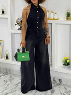 Collared Halter Neck Single-breasted Backless Denim Jumpsuit