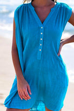 Buttons V Neck Sleeveless Ruched Beach Dress