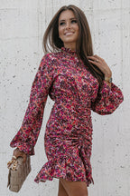 Mock Neck Bishop Sleeve Ruched Front Drawstring Tiered Ruffle Mini Dress
