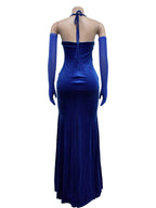 Lace And Velvet Patchwork Rhinestone-studded Evening Gown Mesh See-through Halter Neck Slit Maxi Dresses