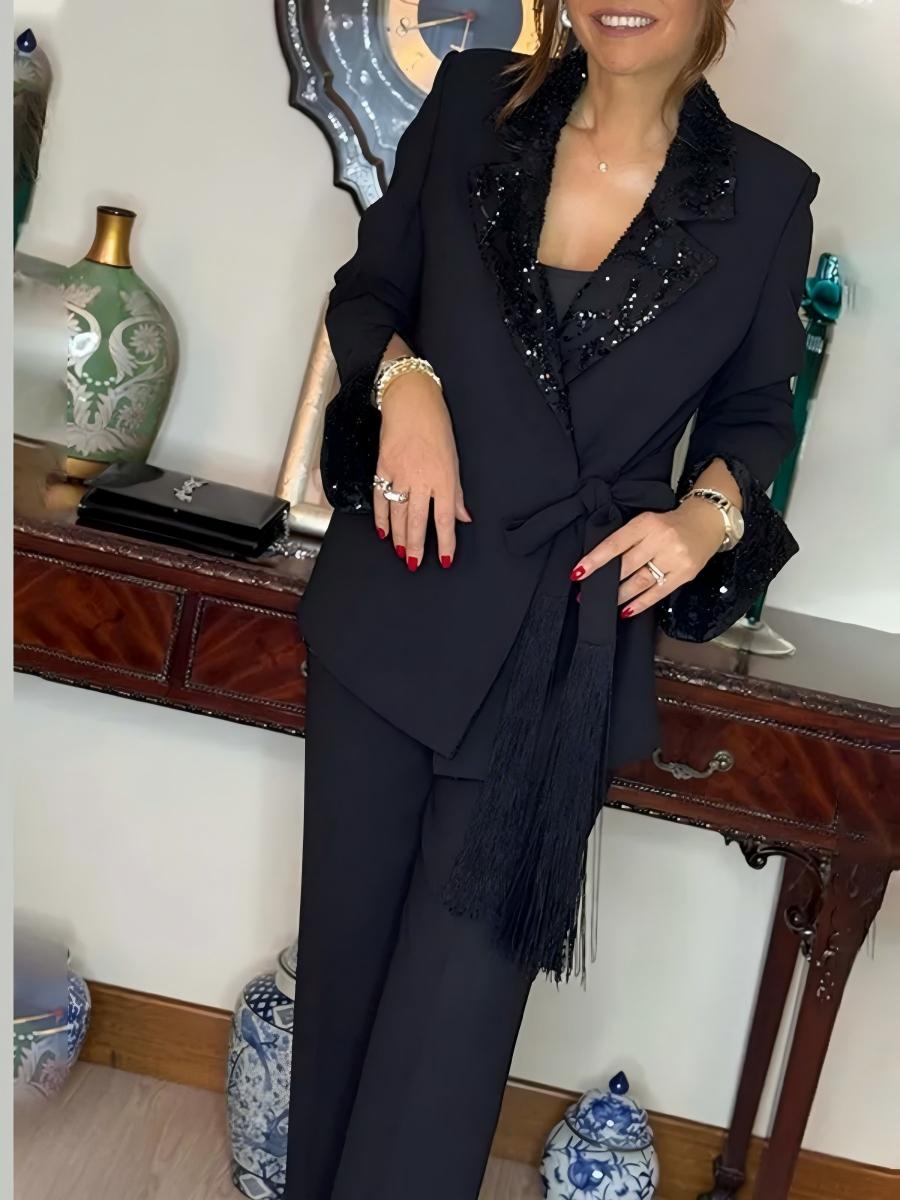 Black V-neck Sequins Lace Up Solid Color Two-piece Suit