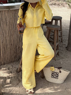 Yellow Casual Long-sleeved Button-down Shirt And Trousers Two-piece Set