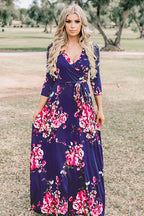 Wrap V-Neck Three Quarter Sleeve Tie Waist Floral Maxi Dress
