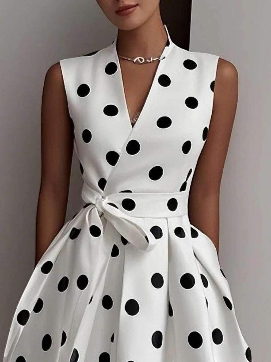 Polka Dots Sleeveless Waist Midi Dresses