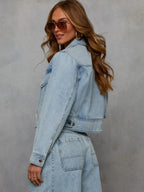 Denim Distressed Solid Color Jacket And Trousers 2-piece Sets