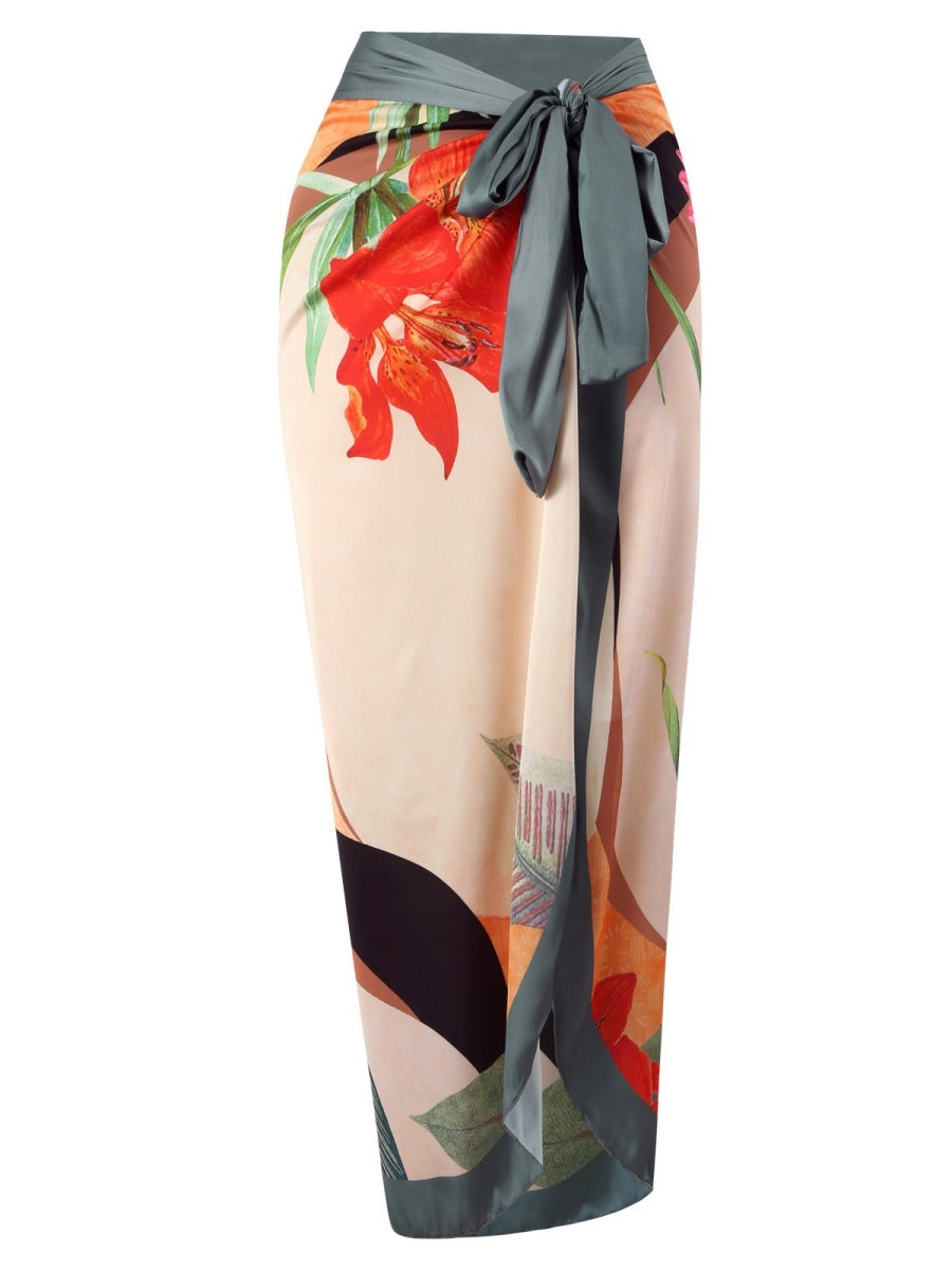 One-piece Swimsuit With Cross-over Print, Revealing Backpack And Hip-revealing Long Skirt (two-piece Set)
