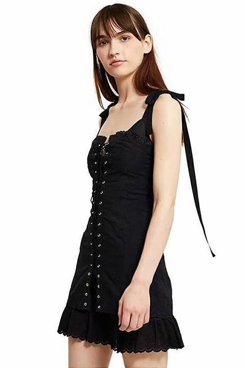 Eyelet Lace Spaghetti Strap Ruffle Neck Lace Up Corset Ruffle Hem Mini Dress