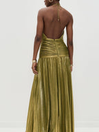 Metallic Halter Neck Style Crimp Slit Thin Strap Sleeveless Backless Cocktail Party Parties Formal Dress Long Dress