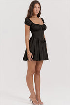 Square Neck Puff Sleeve Button Front Corset Bodice Skater Mini Dress
