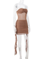 Rhinestone-studded Mesh See-through Strapless Ribbon Hip Wrap Mini&Short Dresses