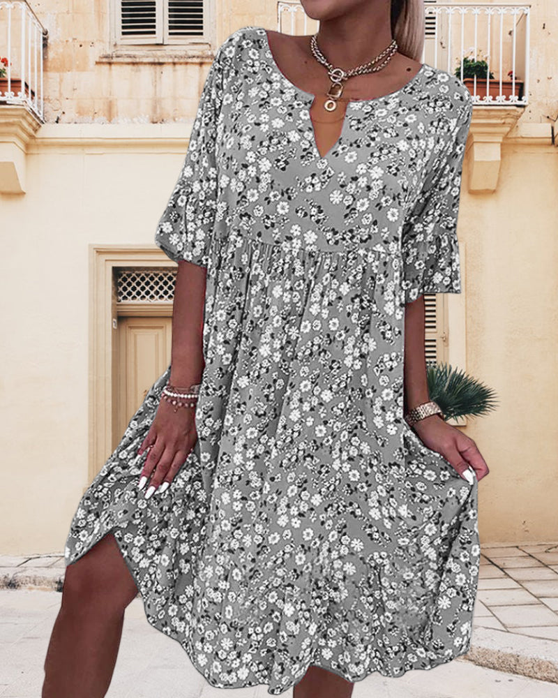 | Elegant Half-Sleeved Dress in Floral Cotton