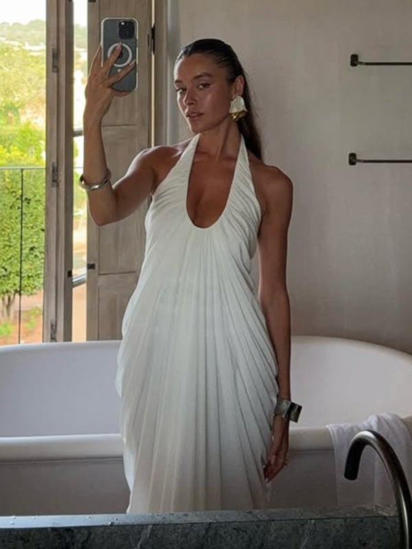 Loose-fitting, Backless, Sleeveless, V-neck, Pleated Halter-neck Mesh Long Dress
