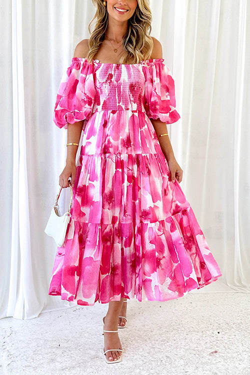 Off Shoulder Puff Sleeves Ruffle Tiered Printed Midi Dress