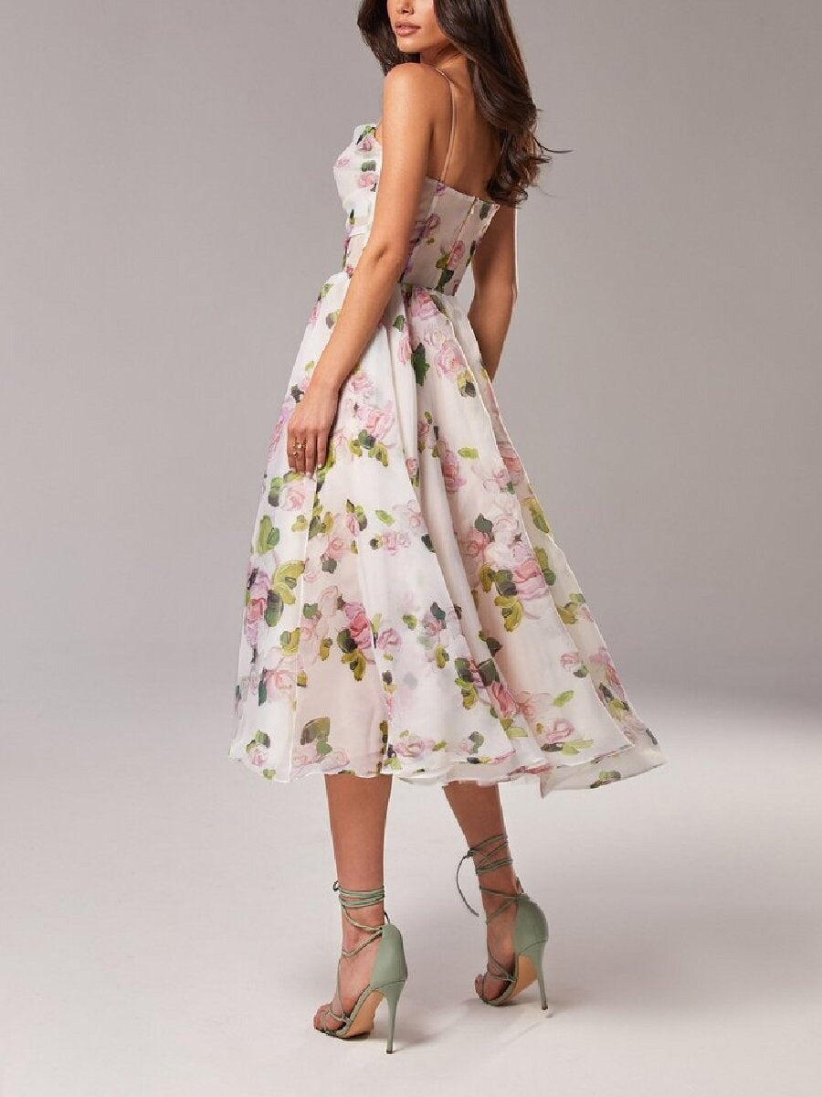 Zipper Floral Print Strapless Sleeveless Long Dress