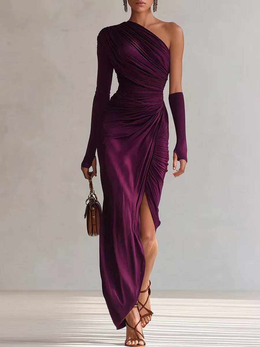 Asymmetrical Sloping Shoulders Long Sleeve Slit Grace Temperament Maxi Dresses