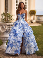 Floral Print Multi-Layer Herringbone Strapless Long Dress