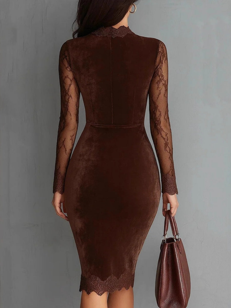 Lace Perspective Long Sleeve Trim Splicing Hip-hugging Midi Dresses