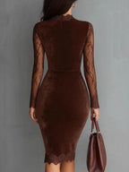 Lace Perspective Long Sleeve Trim Splicing Hip-hugging Midi Dresses