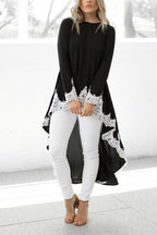 Long Sleeves High Low Hem Lace Trim Blouse Top