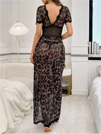 Leopard Print Mesh Lace Trim V-neck Short Sleeve Maxi Dresses