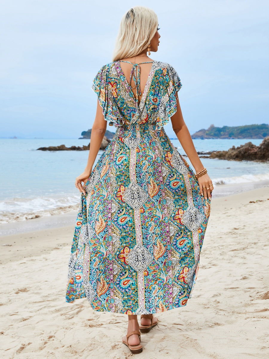 Rayon V-neck Backless Printed Ruffle Short Sleeve Slit Vacation And Leisure Maxi Dresses