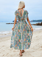 Rayon V-neck Backless Printed Ruffle Short Sleeve Slit Vacation And Leisure Maxi Dresses