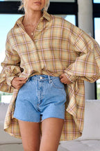Plaid Oversized Balloon Sleeve Button Front Shirt Mini Dress
