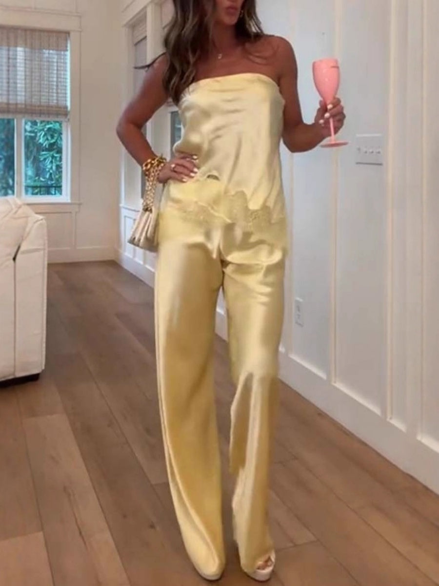 Solid Color Lace Stitching Strapless Top Wide-leg Pants 2-piece Sets