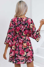 Wrap V Neck Bell Sleeve Tiered Floral Print Mini Dress