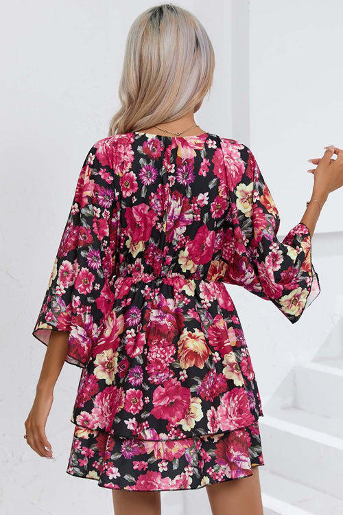 Wrap V Neck Bell Sleeve Tiered Floral Print Mini Dress
