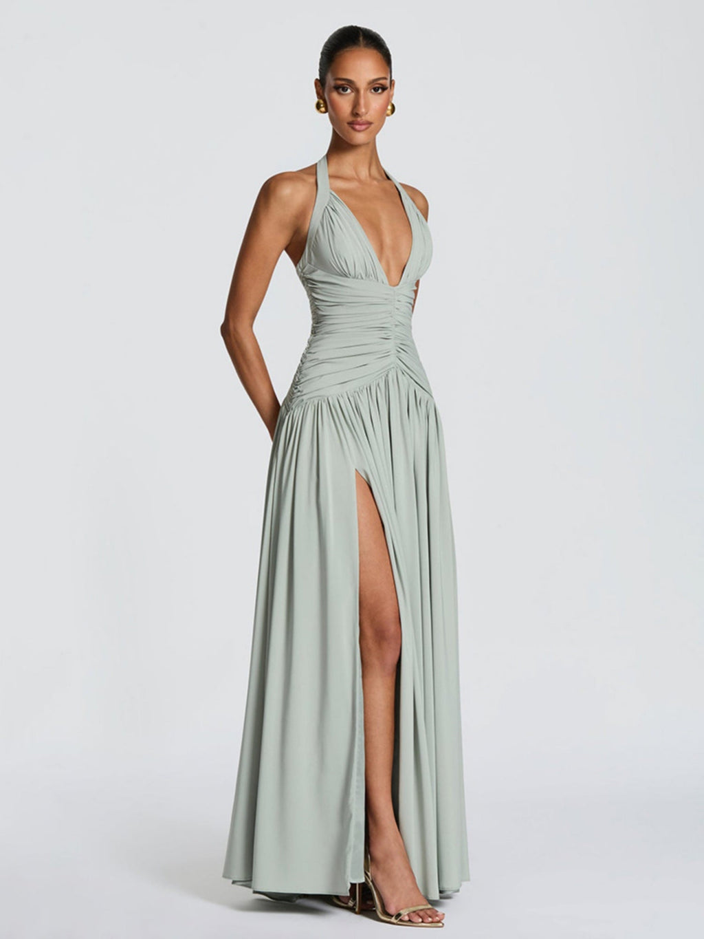Pleated High Fork Halter Neck And Backless Maxi Dresses