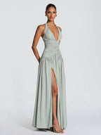 Pleated High Fork Halter Neck And Backless Maxi Dresses