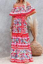 Off Shoulder Ruffle Bardot Tiered Sash Tie Tropical Floral Maxi Dress