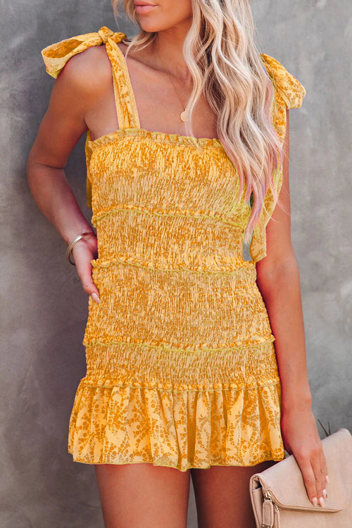 Floral Print Smocked Tie Shoulder Ruffle Hem Mini Dress