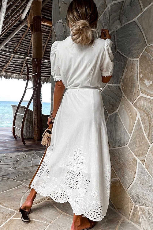 Pineapple Eyelet Embroidery Puff Sleeve Shirt Collar Button Midi Dress