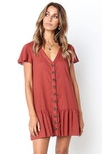 Linen Look V-Neck Button Front Flutter Sleeve Ruffle Hem Mini Dress