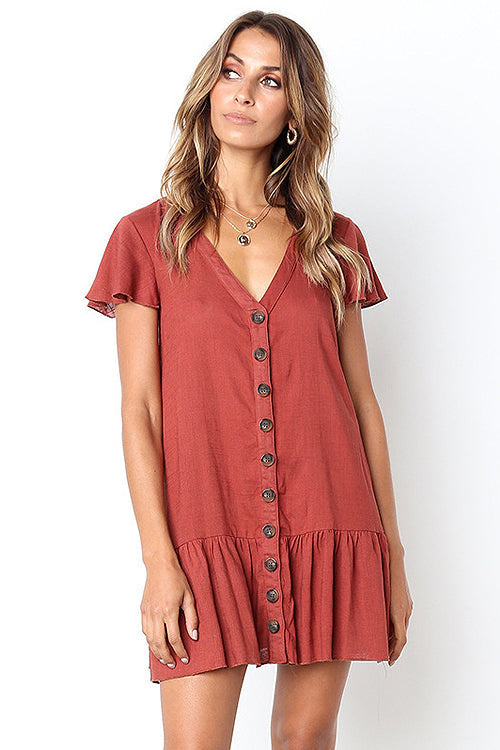 Linen Look V-Neck Button Front Flutter Sleeve Ruffle Hem Mini Dress