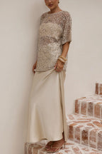 Crewneck Half Sleeves Crochet Hollow Out Sequin Top