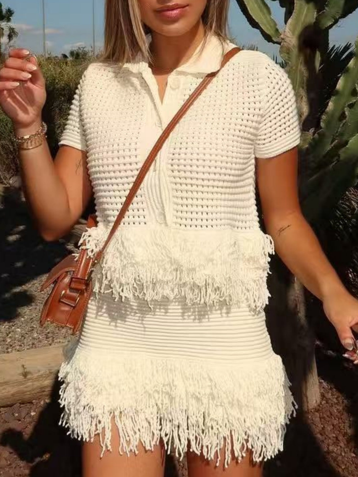 Tassel Knitting Short-sleeved Jacket High-waisted Mini Skirt 2-piece Sets