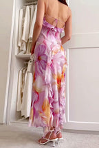 V Neck Backless Ruffle Trim Slit Floral Print Maxi Cami Dress