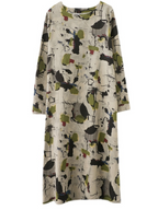 cotton long-sleeved pring summer with broken flowers A-line dress